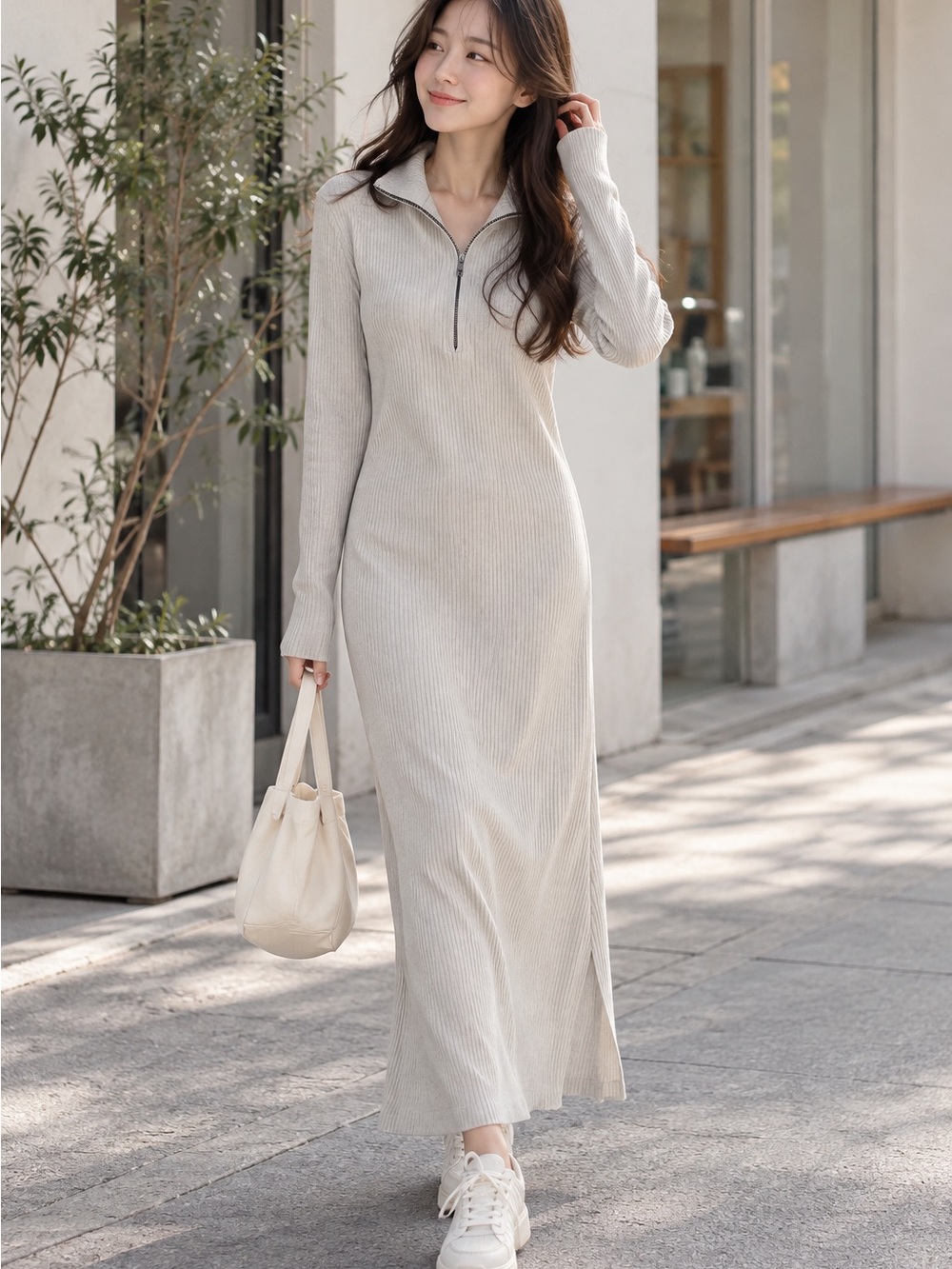 Uniqlo Ribbed Zip-Neck Long Sleeve Dress in Light Gray